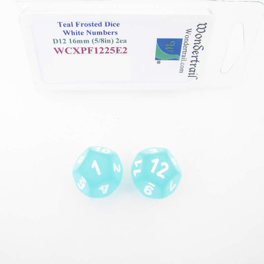 WCXPF1225E2 Teal Frosted Dice White Numbers D12 16mm Pack of 2 Main Image