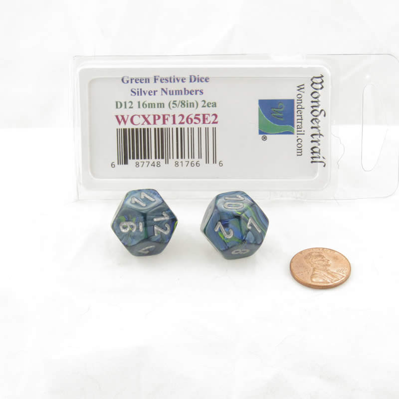 WCXPF1265E2 Green Festive Dice Silver Numbers D12 16mm Pack of 2 2nd Image