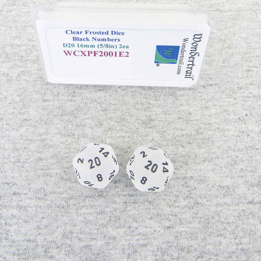 WCXPF2001E2 Clear Frosted Dice Black Numbers D20 16mm Pack of 2 Main Image
