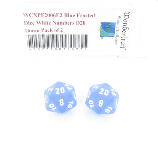 WCXPF2006E2 Blue Frosted Dice White Numbers D20 16mm Pack of 2 Main Image