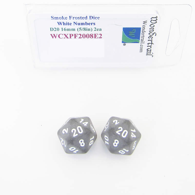 WCXPF2008E2 Smoke Frosted Dice White Numbers D20 16mm Pack of 2 Main Image