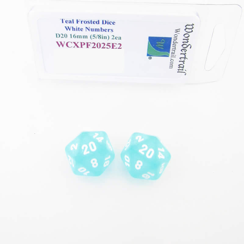 WCXPF2025E2 Teal Frosted Dice White Numbers D20 16mm Pack of 2 Main Image