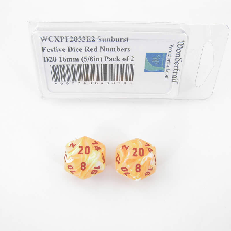 WCXPF2053E2 Sunburst Festive Dice Red Numbers D20 16mm (5/8in) Pack of 2 Main Image