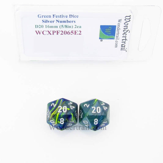 WCXPF2065E2 Green Festive Dice Silver Numbers D20 16mm Pack of 2 Main Image
