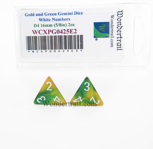 WCXPG0425E2 Gold Green Gemini Dice White Numbers D4 16mm Pack of 2 Main Image