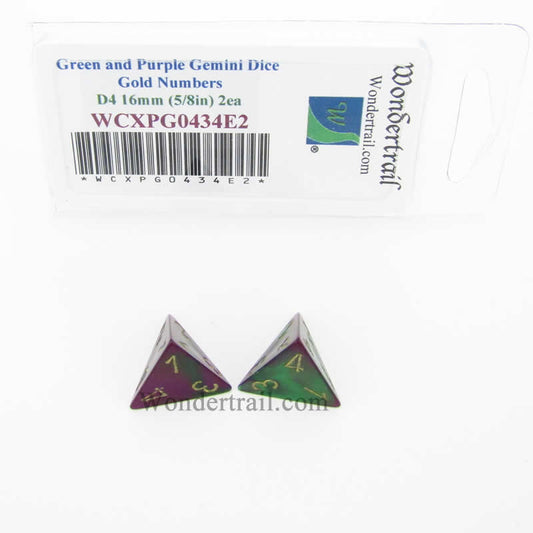 WCXPG0434E2 Green Purple Gemini Dice Gold Numbers D4 16mm Pack of 2 Main Image