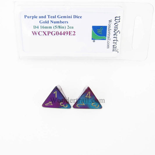 WCXPG0449E2 Purple Teal Gemini Dice Gold Numbers D4 16mm Pack of 2 Main Image