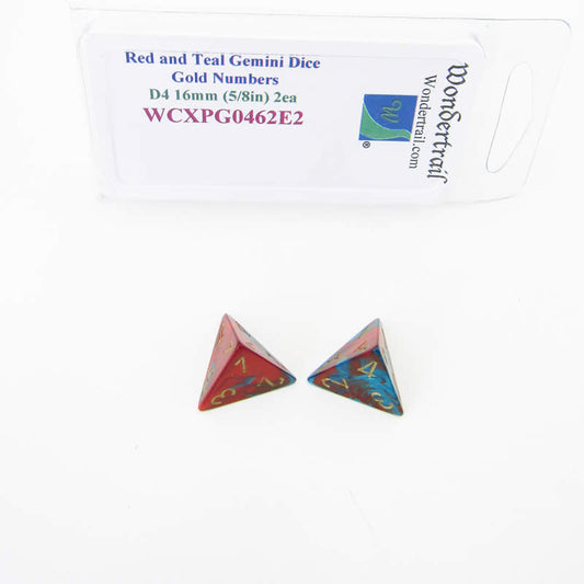 WCXPG0462E2 Red Teal Gemini Dice Gold Numbers D4 16mm Pack of 2 Main Image