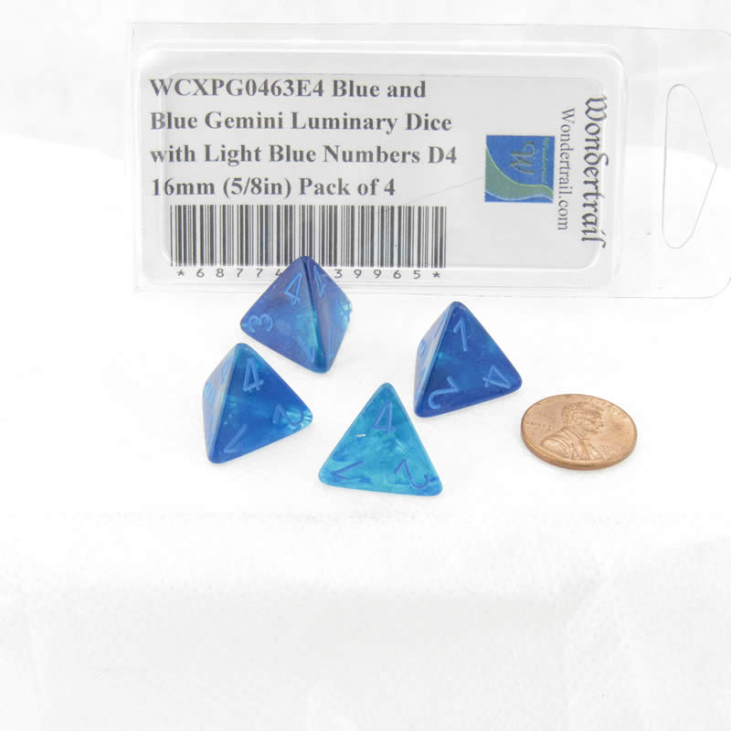 WCXPG0463E4 Blue and Blue Gemini Luminary Dice with Light Blue Numbers D4 16mm (5/8in) Pack of 4 2nd Image