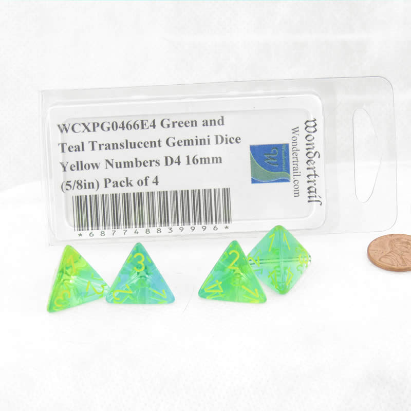 WCXPG0466E4 Green and Teal Translucent Gemini Dice Yellow Numbers D4 16mm (5/8in) Pack of 4