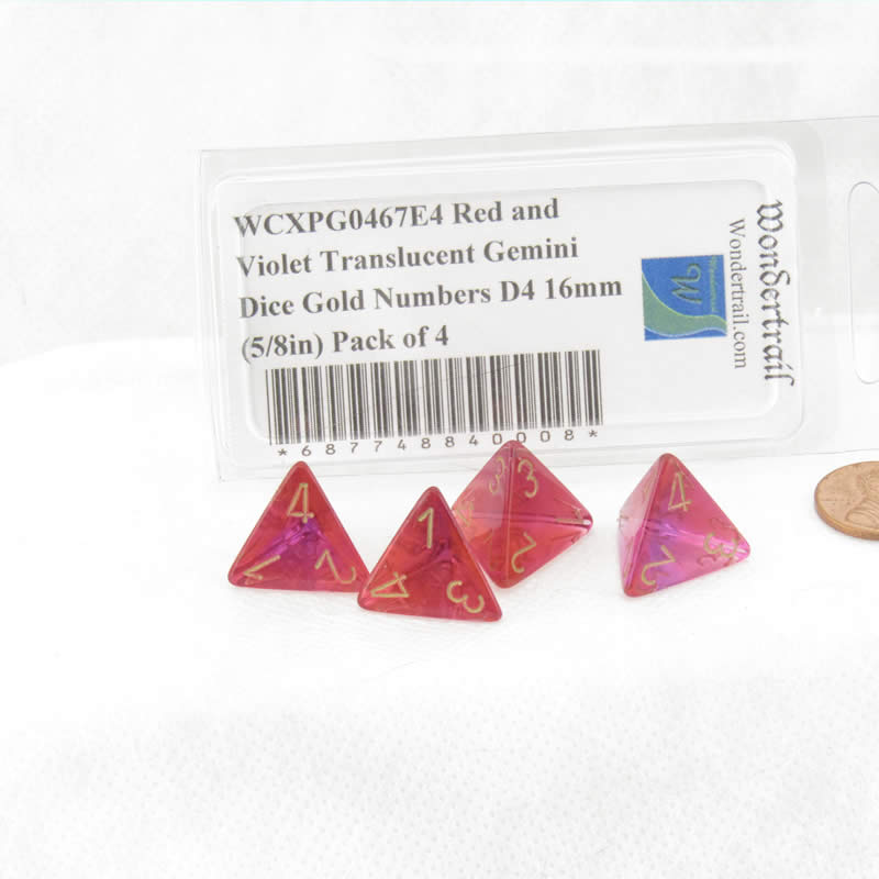 WCXPG0467E4 Red and Violet Translucent Gemini Dice Gold Numbers D4 16mm (5/8in) Pack of 4