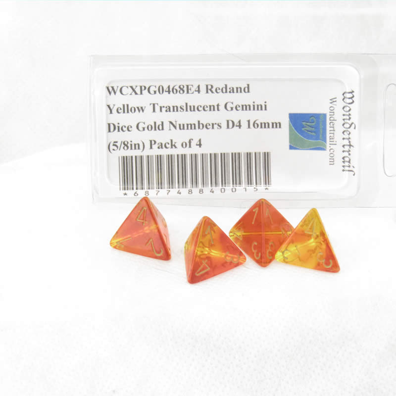 WCXPG0468E4 Red and Yellow Translucent Gemini Dice Gold Numbers D4 16mm (5/8in) Pack of 4