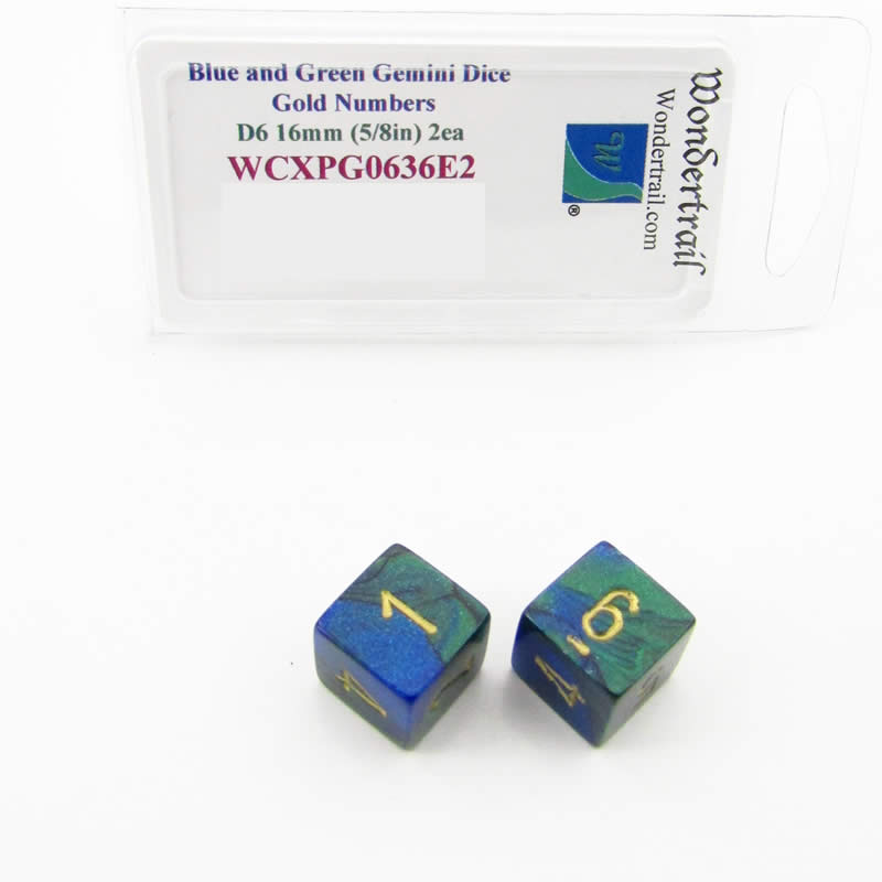 WCXPG0636E2 Blue Green Gemini Dice Gold Colored Numbers D6 16mm Pack of 2 Main Image