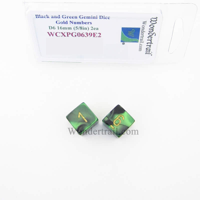 WCXPG0639E2 Black Green Gemini Dice Gold Numbers D6 16mm Pack of 2 Main Image