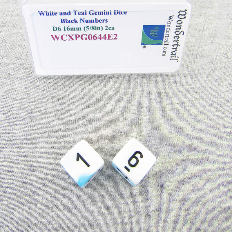WCXPG0644E2 White Teal Gemini Dice Black Numbers D6 16mm Pack of 2 Main Image
