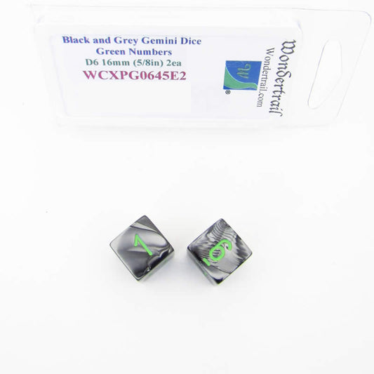 WCXPG0645E2 Black Grey Gemini Dice Green Numbers D6 16mm Pack of 2 Main Image