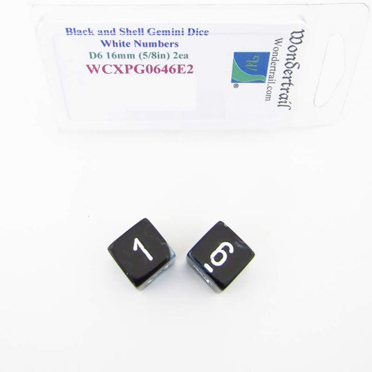 WCXPG0646E2 Black Shell Gemini Dice White Numbers D6 16mm Pack of 2 Main Image