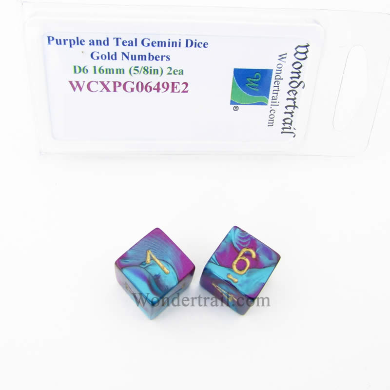 WCXPG0649E2 Purple Teal Gemini Dice Gold Numbers D6 16mm Pack of 2 Main Image