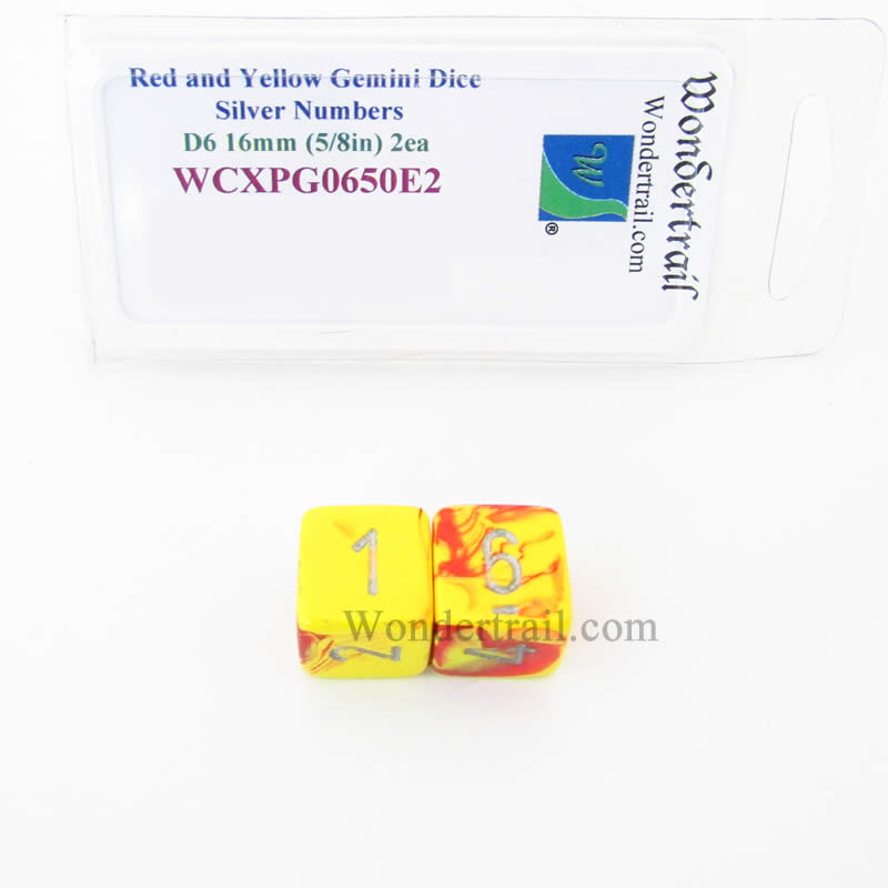 WCXPG0650E2 Red Yellow Gemini Dice Silver Numbers D6 16mm Pack of 2 Main Image