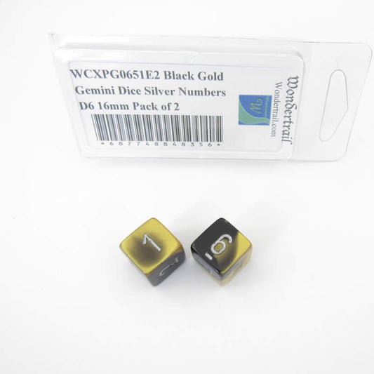 WCXPG0651E2 Black Gold Gemini Dice Silver Numbers D6 16mm Pack of 2 Main Image