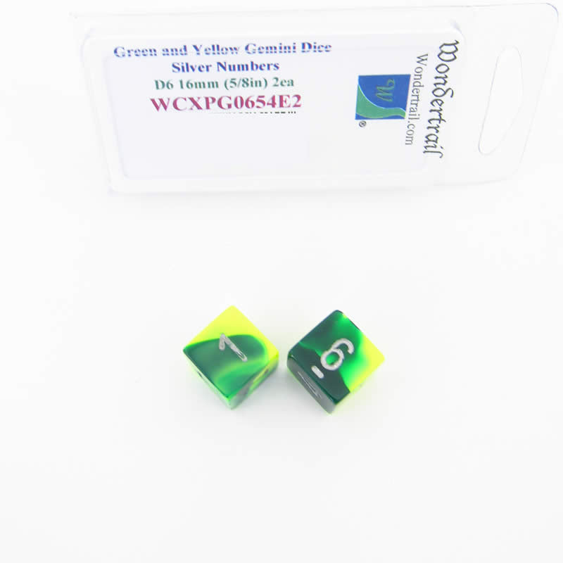 WCXPG0654E2 Green Yellow Gemini Dice Silver Numbers D6 16mm Pack of 2 Main Image