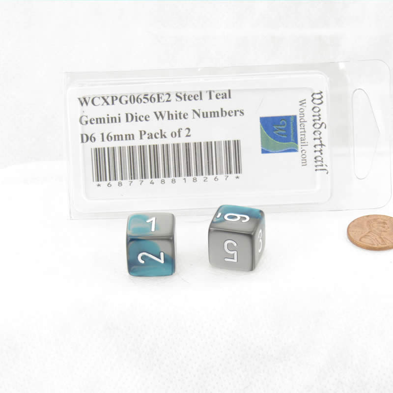 WCXPG0656E2 Steel Teal Gemini Dice White Numbers D6 16mm Pack of 2