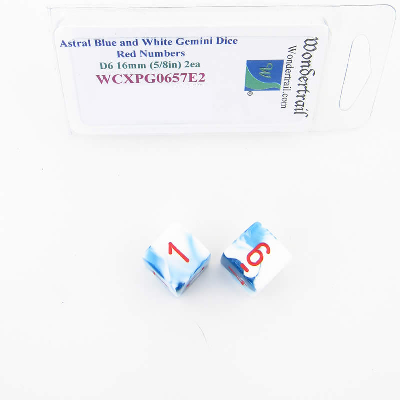 WCXPG0657E2 Astral Blue White Gemini Dice Red Numbers D6 16mm Pack of 2 Main Image