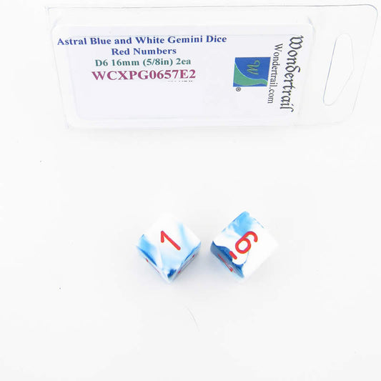 WCXPG0657E2 Astral Blue White Gemini Dice Red Numbers D6 16mm Pack of 2 Main Image