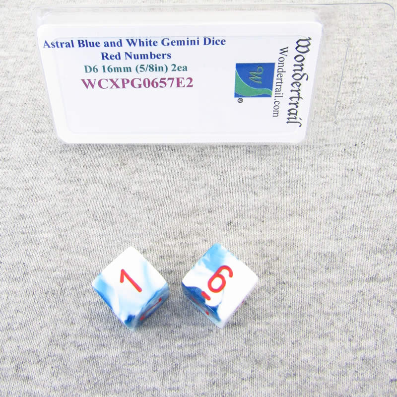 WCXPG0657E2 Astral Blue White Gemini Dice Red Numbers D6 16mm Pack of 2 2nd Image