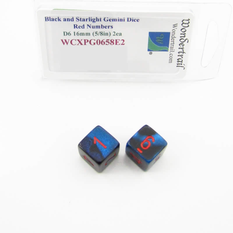 WCXPG0658E2 Black Starlight Gemini Dice Red Numbers D6 16mm Pack of 2 Main Image