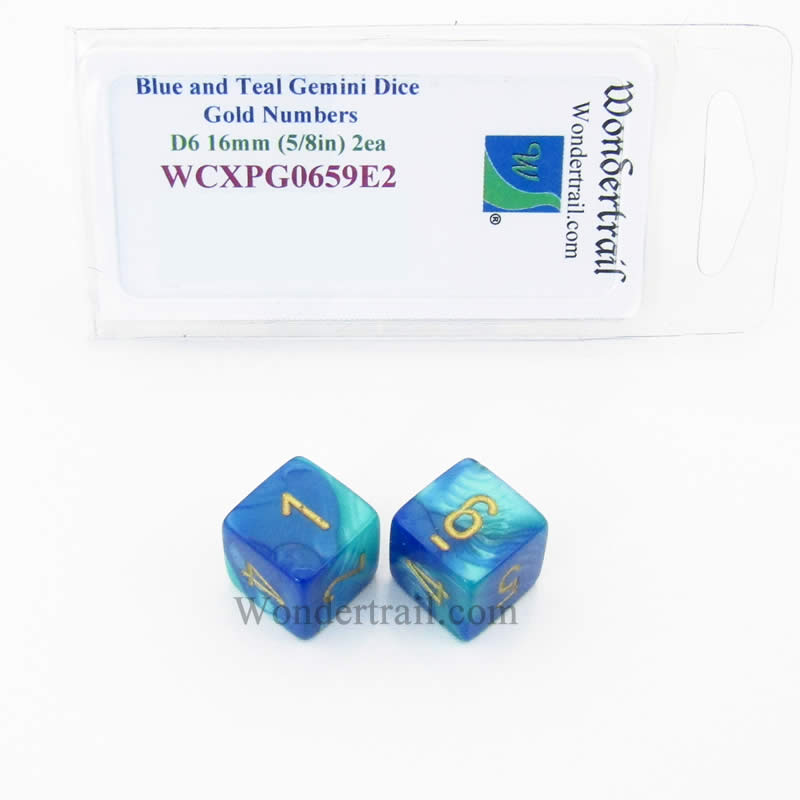 WCXPG0659E2 Blue Teal Gemini Dice Gold Numbers D6 16mm Pack of 2 Main Image