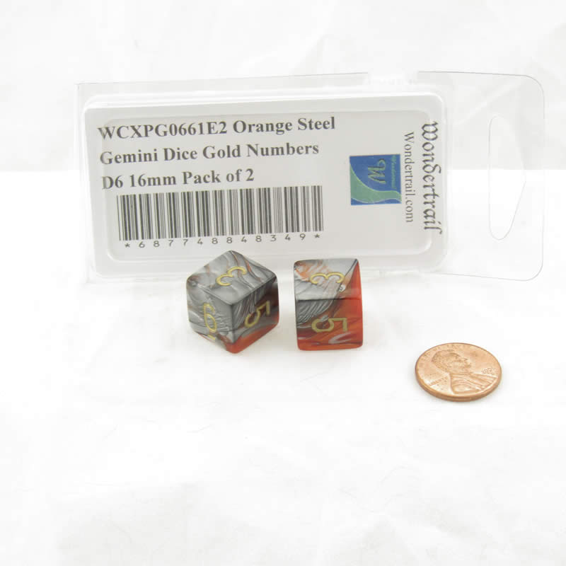 WCXPG0661E2 Orange Steel Gemini Dice Gold Numbers D6 16mm Pack of 2 2nd Image