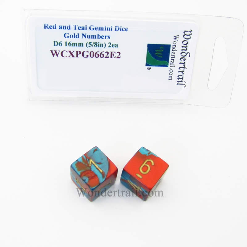 WCXPG0662E2 Red Teal Gemini Dice Gold Numbers D6 16mm Pack of 2 Main Image