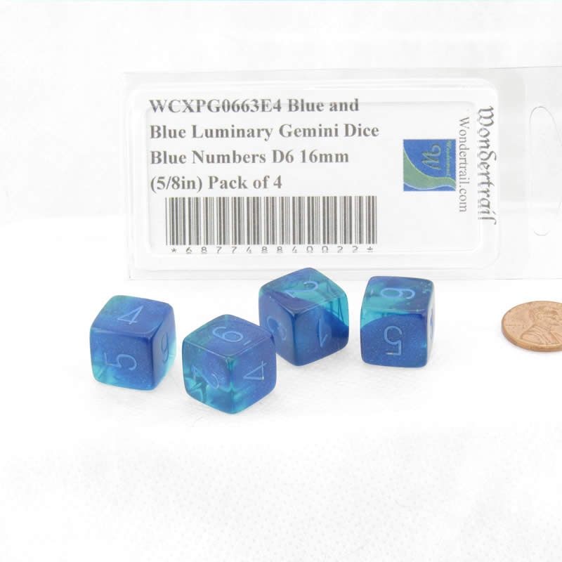 WCXPG0663E4 Blue and Blue Luminary Gemini Dice Blue Numbers D6 16mm (5/8in) Pack of 4