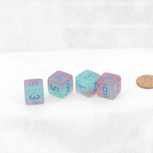 WCXPG0664E4 Gel Green and Pink Luminary Gemini Dice with Blue Numbers D6 16mm (5/8in) Pack of 4