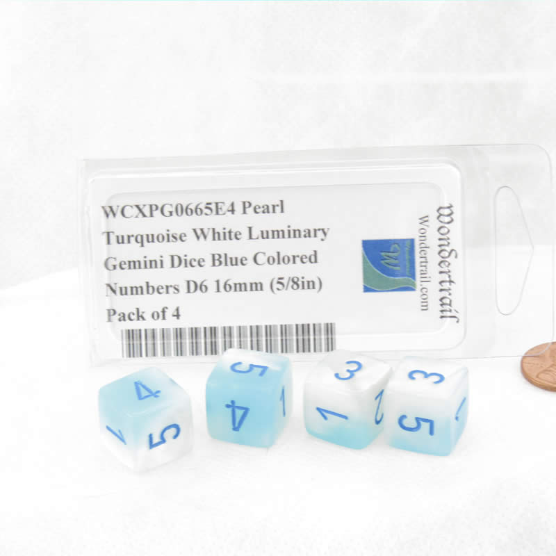 WCXPG0665E4 Pearl Turquoise White Luminary Gemini Dice Blue Colored Numbers D6 16mm (5/8in) Pack of 4