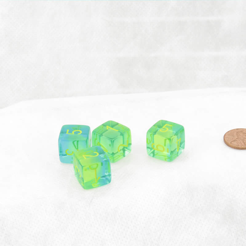 WCXPG0666E4 Green Teal Translucent Gemini Dice Yellow Colored Numbers D6 16mm (5/8in) Pack of 4
