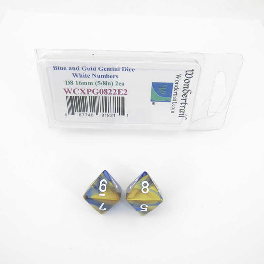 WCXPG0822E2 Blue Gold Gemini Dice White Numbers D8 16mm Pack of 2 Main Image
