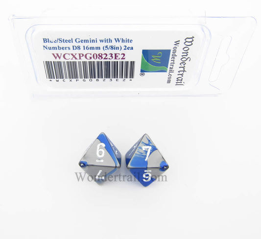 WCXPG0823E2 Blue Steel Gemini Dice White Numbers D8 16mm Pack of 2 Main Image