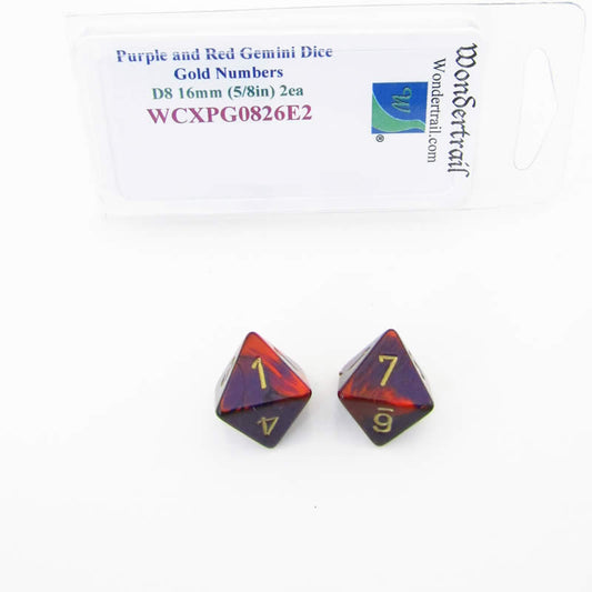 WCXPG0826E2 Purple Red Gemini Dice Gold Numbers D8 16mm Pack of 2 Main Image