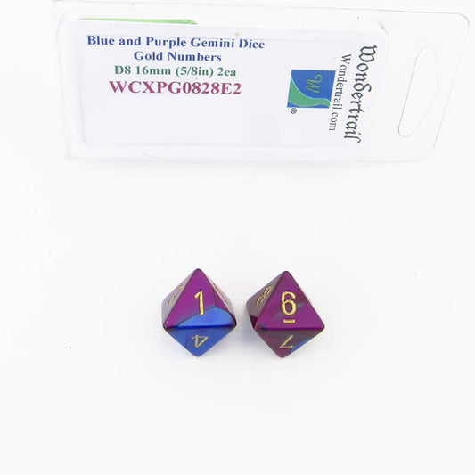 WCXPG0828E2 Blue Purple Gemini Dice Gold Numbers D8 16mm Pack of 2 Main Image