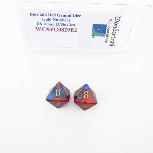 WCXPG0829E2 Blue Red Gemini Dice Gold Numbers D8 16mm Pack of 2 Main Image