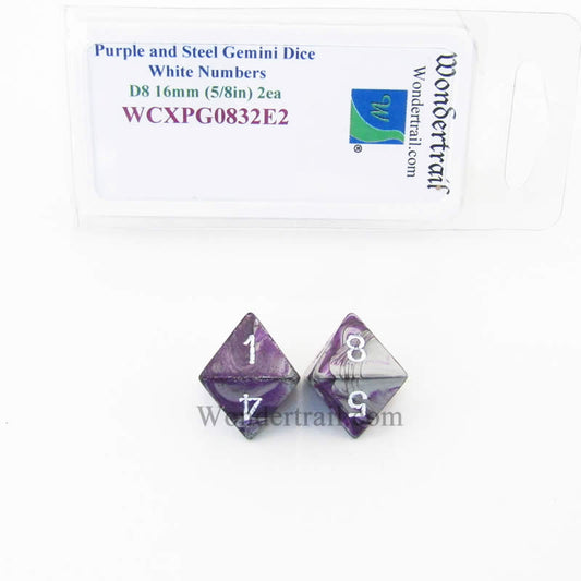 WCXPG0832E2 Purple Steel Gemini Dice White Numbers D8 16mm Pack of 2 Main Image