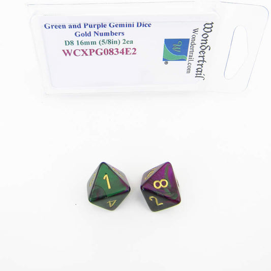 WCXPG0834E2 Green Purple Gemini Dice Gold Numbers D8 16mm Pack of 2 Main Image