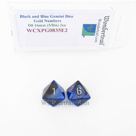 WCXPG0835E2 Black Blue Gemini Dice Gold Numbers D8 16mm Pack of 2 Main Image