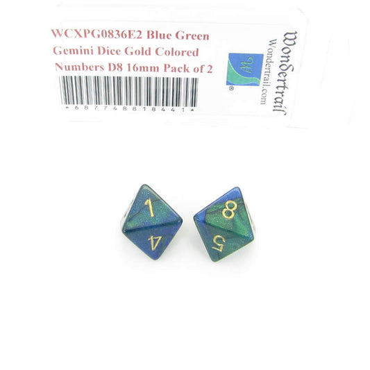 WCXPG0836E2 Blue Green Gemini Dice Gold Colored Numbers D8 16mm Pack of 2 Main Image