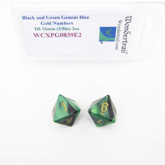 WCXPG0839E2 Black Green Gemini Dice Gold Numbers D8 16mm Pack of 2 Main Image