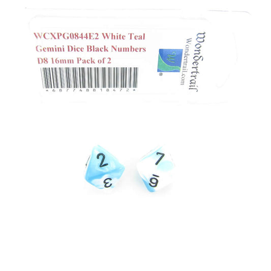 WCXPG0844E2 White Teal Gemini Dice Black Numbers D8 16mm Pack of 2 Main Image