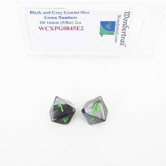 WCXPG0845E2 Black Grey Gemini Dice Green Numbers D8 16mm Pack of 2 Main Image