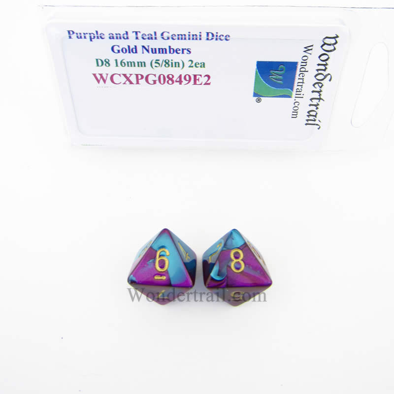 WCXPG0849E2 Purple Teal Gemini Dice Gold Numbers D8 16mm Pack of 2 Main Image